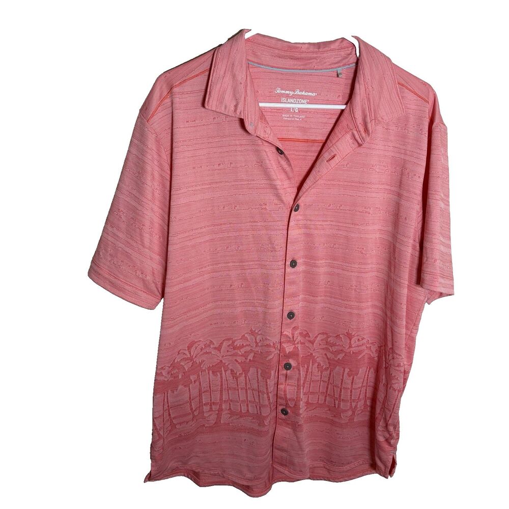 Tommy Bahama Shirt Men's Large Pink IslandZone Palm Tree Collared Short Sleeve